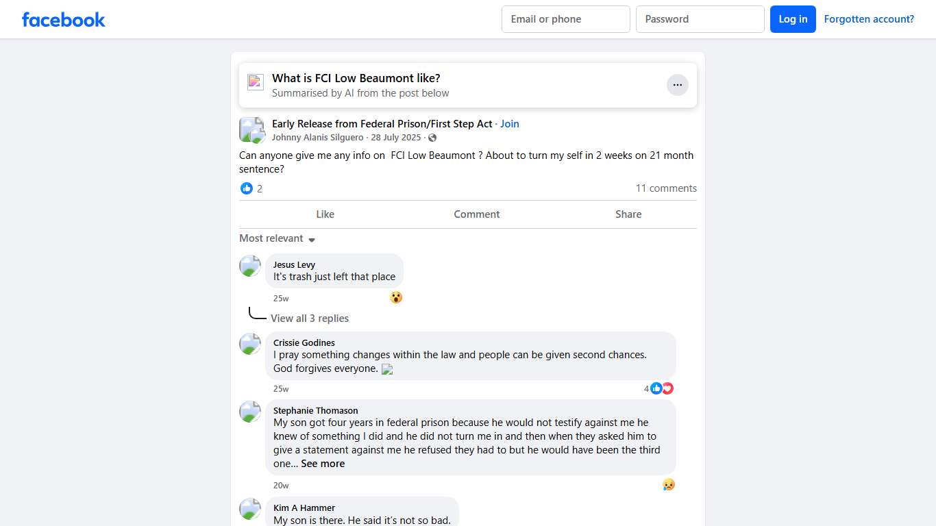 Early Release from Federal Prison/First Step Act | Can anyone give me any info on FCI Low Beaumont | Facebook